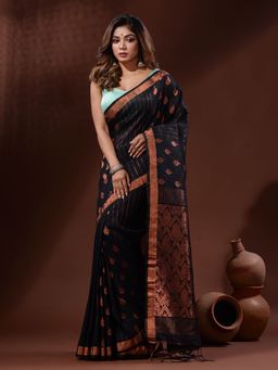 CHARUKRITI - Black Linen Handwoven Saree with Nakshi Pallu with Unstitched Blouse
