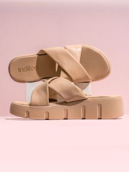 Indifeet - Beige Comfortable Chunky Cross Strap Platform Sandals