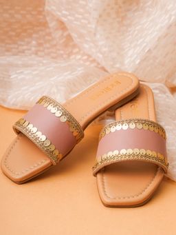Indifeet - Nude Pink Ethnic and Traditional Flats for Festivals with Golden Sequins