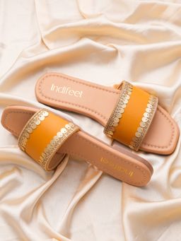 Indifeet - Yellow Ethnic and Traditional Flats for Festivals with Golden Sequins