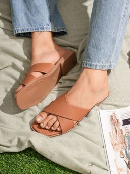 Indifeet - Brown Comfortable Faux Leather Flats with Cross Straps
