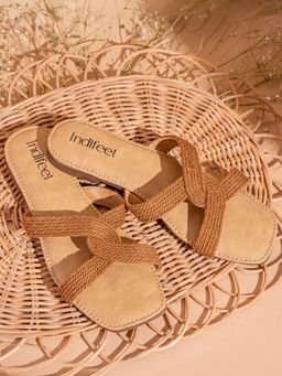 Indifeet - Brown Stylish Open Toe Jute Flats with Braided Design