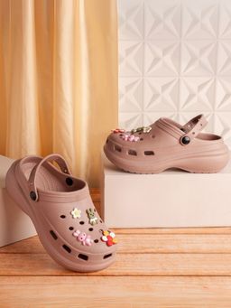 Indifeet - Peach Stylish and Waterproof Rubber Platform Slip On Clogs with Charms
