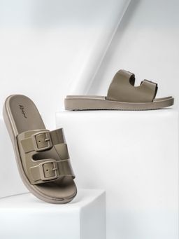 Indifeet - Brown Comfortable and Latest Double Strap Rubber Sliders with Buckles