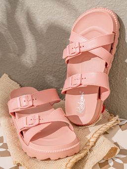 Indifeet - Pink Stylish and Trendy Cross Strap Slip On Rubber Sandals