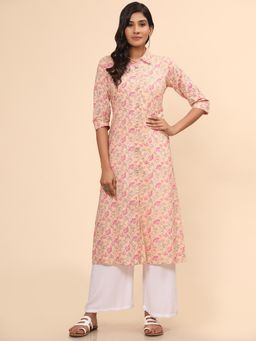 Vbuyz - Women's Floral Print A-line Cotton Peach Stitched Kurta(vf-ku-1968)