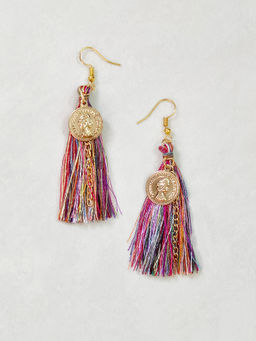 Lime By Manika - Coin Detailed Multi-Colour Tassel Earrings