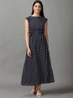 SHOWOFFFF - Womens Round Neck Maxi Navy Blue Polka Dots Dress (Set of 2)