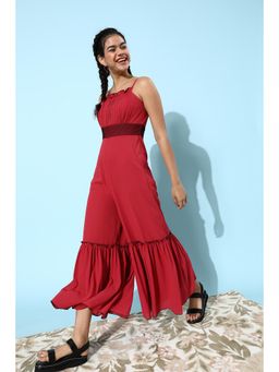 Miss Chase - Women Dark Pink Square Sleeveless Solid Ruffled Ankle Length Jumpsuit