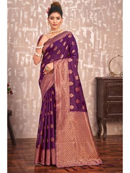 EXCLUSIVA - Purple Cotton Silk Saree with Unstitched
