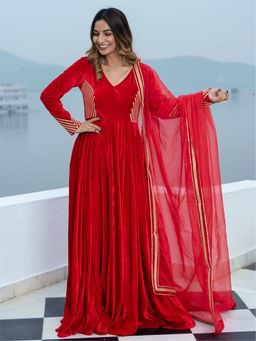 Lavanya The Label - Red Velvet Anarkali With Dupatta (Set of 3)