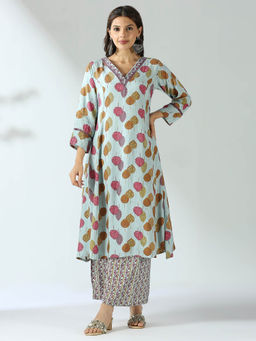 Ishnya - Steel Blue Printed Kurta with Palazzo (Set of 2)
