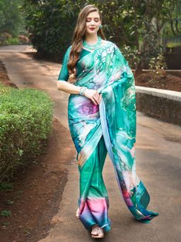 Akhilam - Women Crepe Green Digital Print Designer Saree with Unstitched Blouse