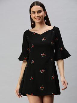 SHOWOFF - Women Black Embroidered Sweetheart Fit and Flare Dress