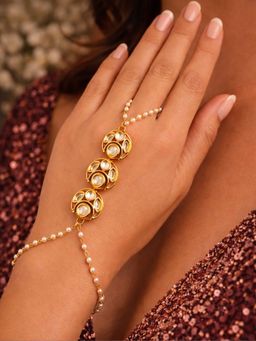 SUGARFRILL - 18K Gold Plated Kundan Pearl Beaded Haathphool Bracelet