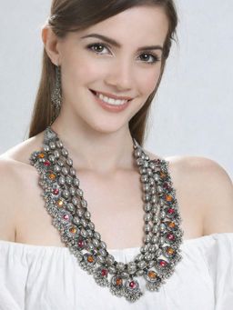 SUGARFRILL - Oxidised Silver Plated Beaded Layered Necklace