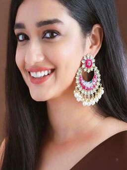 SUGARFRILL - Pink Stone Studded Beaded Crescent Shaped Meenakari Chandbalis