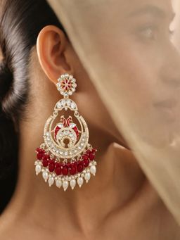 SUGARFRILL - 18K Gold Plated Kundan Peacock Red Beads Pearls Chandbali Earrings