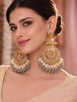 SUGARFRILL - Grey 22K Gold Plated Kundan Pearl Studded Beaded Big Chandbali Earrings