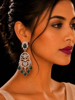 SUGARFRILL - Rhodium Plated AD Rich Emerald Green Stone Chandelier Earrings