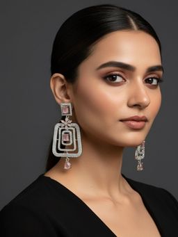 SUGARFRILL - Silver Plated Pink Stone Geometric Drop Earrings