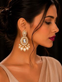 SUGARFRILL - White Gold Plated Kundan and Pearl Drop Earrings