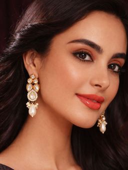 SUGARFRILL - 18K Gold Plated Kundan Elegant Stone Detailing Drop Earrings