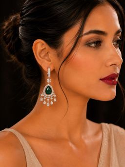 SUGARFRILL - Rhodium Plated AD Rich Emerald Green Center Stone Drop Earrings