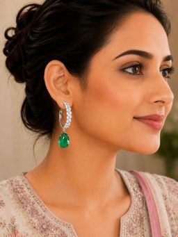SUGARFRILL - Silver Plated Emerald Green Teardrop Hoop Earrings