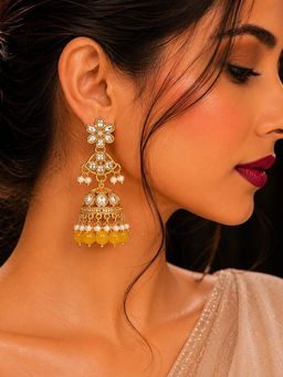 SUGARFRILL - Yellow Gold Plated Kundan Jhumka Earrings