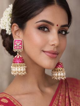 SUGARFRILL - Pearl Drops Gold Plated Rani Pink Kundan Jhumka Earrings
