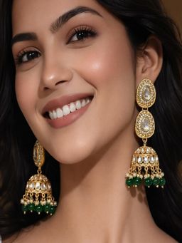 SUGARFRILL - 18K Gold Plated Kundan and Green Beads Jhumka Earrings