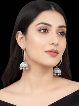 SUGARFRILL - Rhodium Plated AD Crystal Studded Silver Look Jhumka Earrings