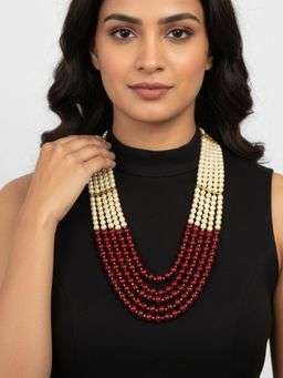 SUGARFRILL - Handcrafted Multilayer Pearl and Maroon Beaded Necklace