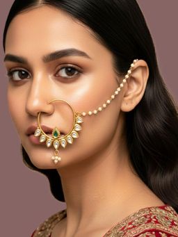 SUGARFRILL - Green Pearl Accent 18K Gold Plated Kundan Chain Nath