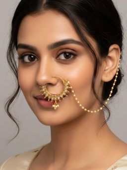 SUGARFRILL - White Pearl Accent 18K Gold Plated Kundan Chain Nath