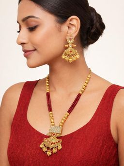SUGARFRILL - 18K Gold Plated AD Red Stone Temple Necklace Set