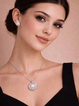 SUGARFRILL - Silver Plated Pearl Embellished Floral Pendant Jewellery Set