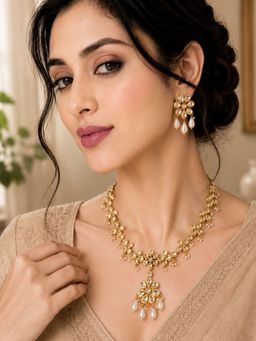 SUGARFRILL - 18K White Plated Floral Kundan Necklace Set