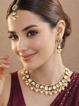 SUGARFRILL - 22K Gold Plated Kundan Studded Beaded Statement Jewellery Set