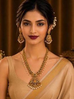 SUGARFRILL - 22K Gold Plated AD Lakshmi Design Pearl Drops Temple Necklace Set