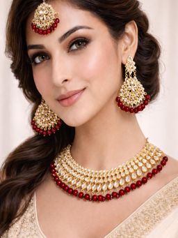 SUGARFRILL - Gold Plated Kundan Red Necklace with Earrings & Maangtikka