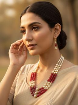SUGARFRILL - Three Layered Red Agate Bead Pearl Bridal Necklace Set
