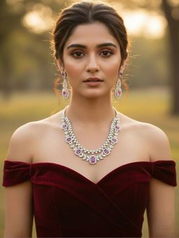 SUGARFRILL - Silver Plated Dual Layered Ruby American Diamond Bridal Necklace Set