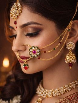 SUGARFRILL - 18K Ruby Kundan Multi-Color Pearl Bead Triple Layer Chain Nath