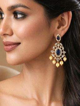 SUGARFRILL - 18K Gold Plated Blue Sapphire CZ Studded Gold Beaded Drop Earrings