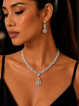 SUGARFRILL - Rhodium Plated AD Studded Floral Necklace and Earrings Set