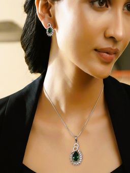 SUGARFRILL - Elegant Emerald Green AD CZ Stone Studded Pendant Necklace Set