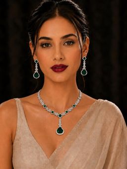 SUGARFRILL - Emerald Green with White Cubic Zirconia Studded Necklace Set
