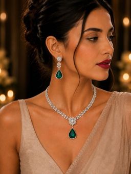 SUGARFRILL - Emerald Green with White Cubic Zirconia Studded Necklace Set